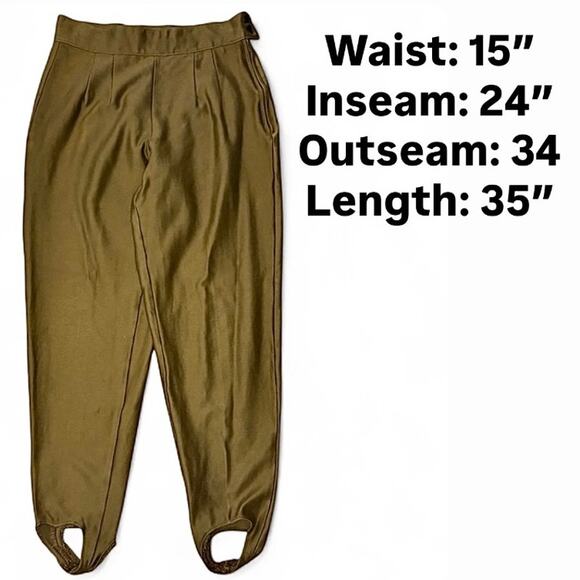 Vtg 80s Votre Nom Paris Stretch Stirrup Pants M/L Olive Green High Waist France - Picture 7 of 7
